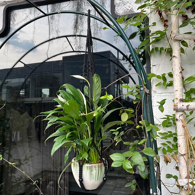 RIFNY Macrame Plant Hanger Indoor, 35 Inch Hanging Plant Holder with Hooks, Large Boho Hanging Basket Plant Hanger for Wall Window Ceiling Plants Decor (Black, 1PC)