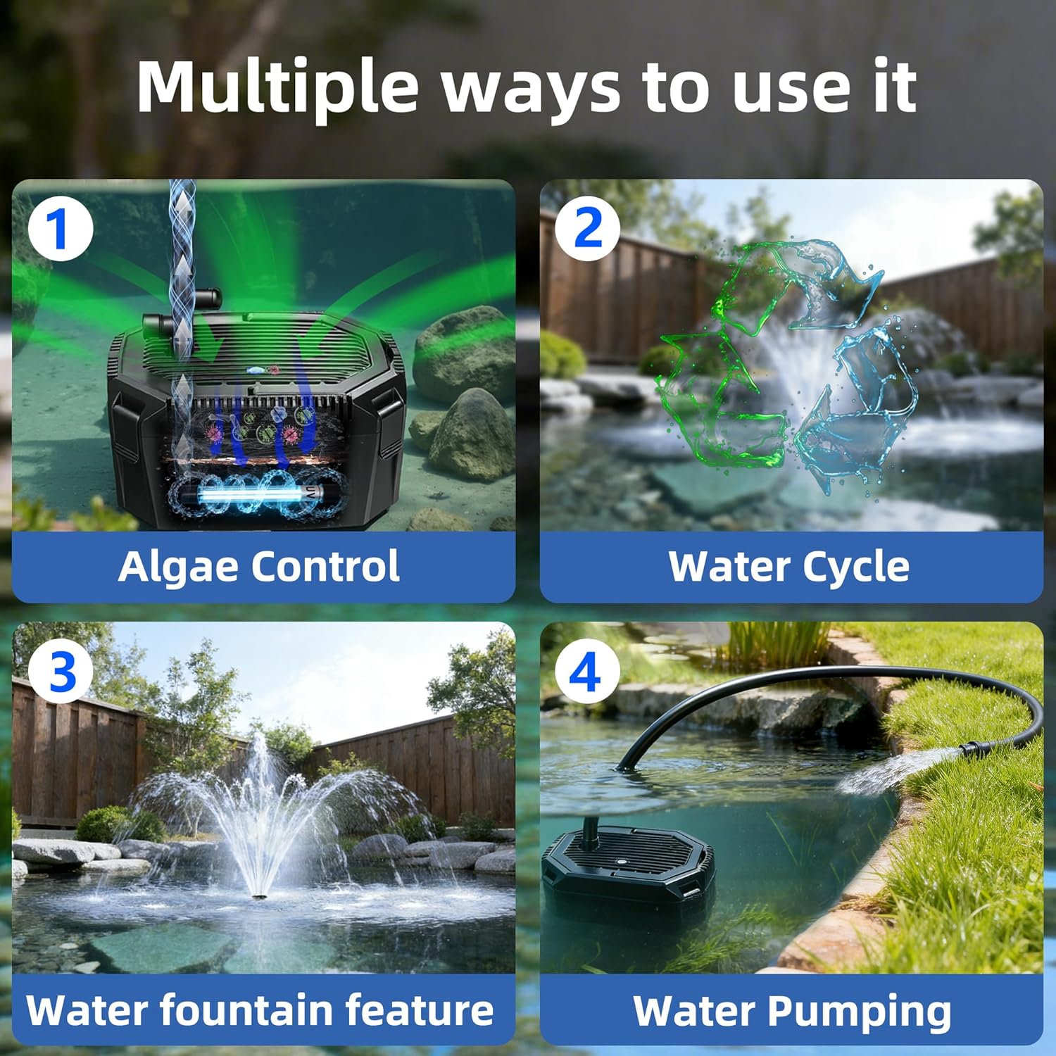 Submersible Pond Filter with Powerful 18W UV Light for Pond Algae Control | 660 GPH 42W High-Performance Pump Build in for 1500 Gal Pond, 3 Spray Patterns Pond Fountain Decoration for Your Pond