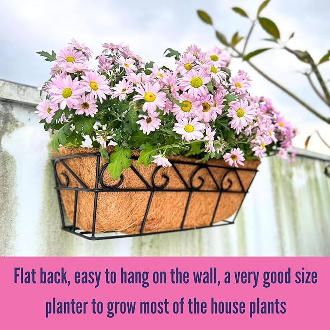 LaLaGreen Wall Mounted Planters - 16 Inch, 4 Pack Window Flower Boxes Basket Outdoor, Balcony Planter Over The Rail, Deck Railing Hanging with Coco Liners, Metal Horse Troughs Fence Patio Porch