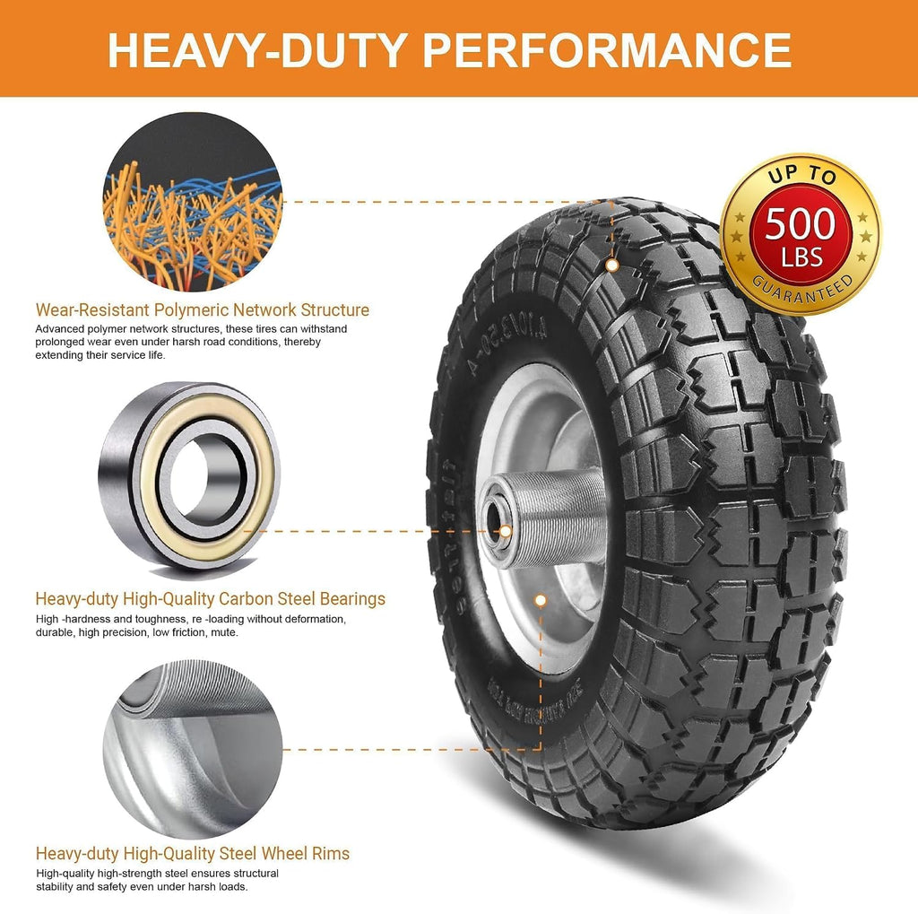 10" solid tires, 4.10/3.50-4 tire and wheel flat, side view