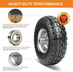 10" solid tires, 4.10/3.50-4 tire and wheel flat, side view