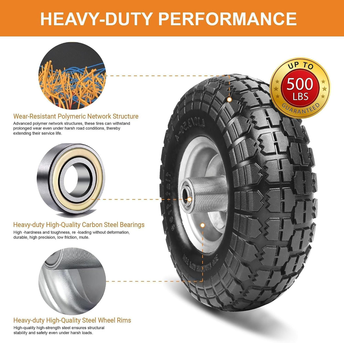 10" solid tires, 4.10/3.50-4 tire and wheel flat, side view