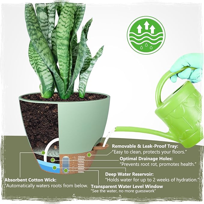 Self-Watering Pots for Indoor Plants 4 Pack, 6/8/10/12 Inch Outdoor Planters with Water Level Indicator&Deep Reservoir, Decorative Flower Pots for Indoor Plants,Home Decor (Green, 12+10+8+6 inch)