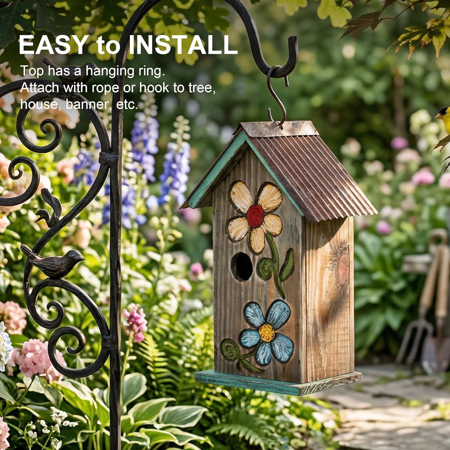 Topadorn Hanging Bird House for Outside, 11" Hand-Painted Wooden Birdhouse | Floral Design, Rustic Outdoor Bird House for Bluebird, Finch, Cardinal & Wren, Garden Patio Yard Decor