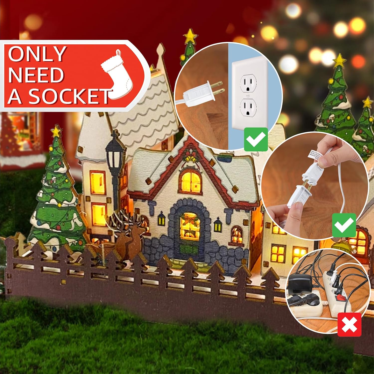 Christmas Village Lights with 4 LED Bulb C7 Accessory White Cord Clip Light | E12 Base Warm White Bulbs for Christmas Village Houses, Halloween Holiday Decoration with On/Off Switch Plugs Spare Fuse