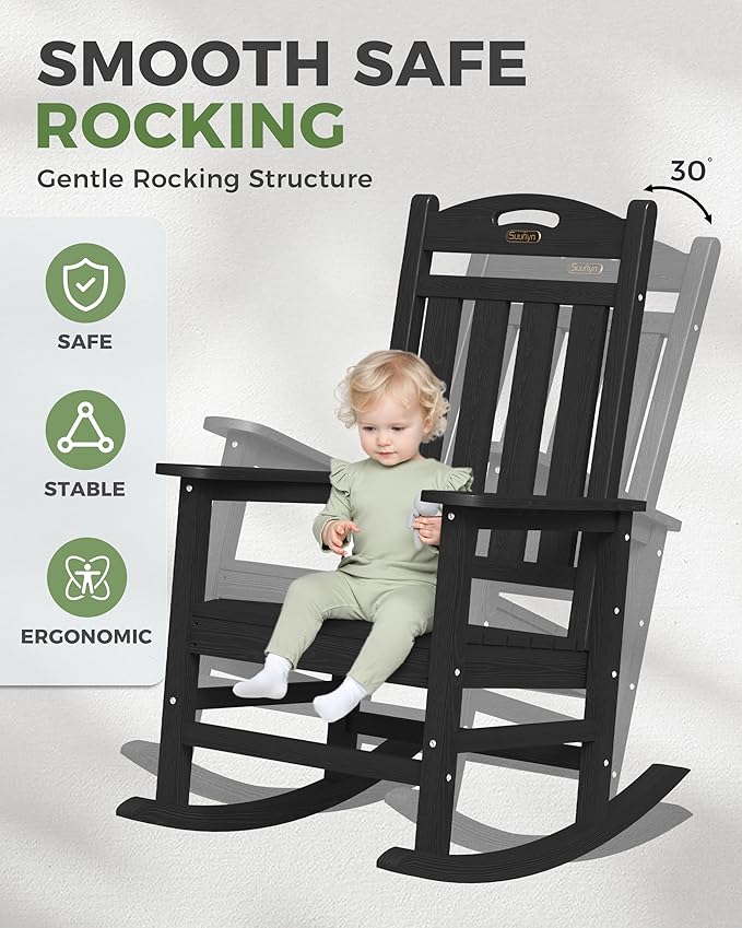 Oversized Outdoor Rocking Chairs Set of 4, High Back Porch Rocker Chair, HDPE All Weather Resistant Rocking Chairs for Patio, 380lbs Weight Capacity, Black