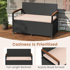 Tangkula 46 Gallon Outdoor Bench with Storage, Outdoor PE Rattan Storage Bench with Cushion, Backrest & Acacia Wood Armrests, Metal Frame, Waterproof Deck Box Seat for Porch Backyard Poolside