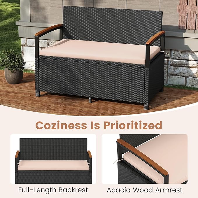 Tangkula 46 Gallon Outdoor Bench with Storage, Outdoor PE Rattan Storage Bench with Cushion, Backrest & Acacia Wood Armrests, Metal Frame, Waterproof Deck Box Seat for Porch Backyard Poolside