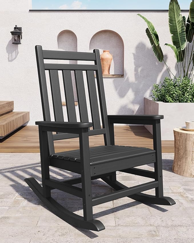 GarveeLife Poly Lumber Rocking Chair Outdoor Set of 4 - HDPE High Back Porch Rocker Chairs for Adults - All Weather Resistant Furniture for Patio - Black