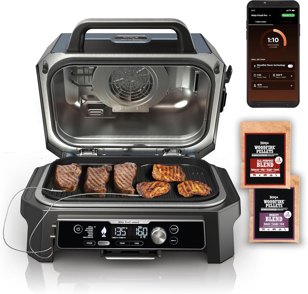 Ninja XSKGRIDLXL Woodfire Premium Griddle Plate & OG951 Woodfire Pro Connect Premium XL Outdoor Grill & Smoker & XSKRSTRKXL Woodfire Roast & Smoke Rack