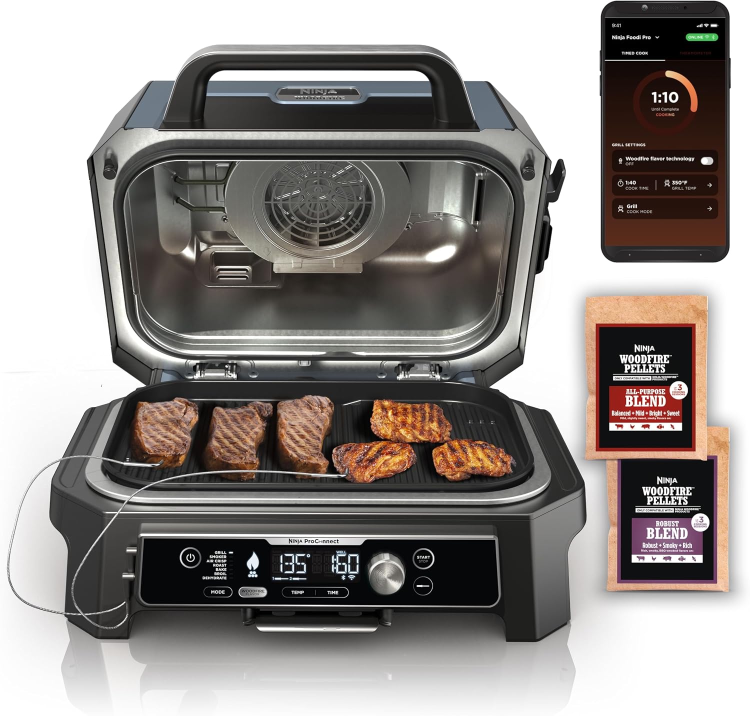 Ninja XSKGRIDLXL Woodfire Premium Griddle Plate & OG951 Woodfire Pro Connect Premium XL Outdoor Grill & Smoker & XSKRSTRKXL Woodfire Roast & Smoke Rack