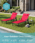Ciokea Outdoor Lounge Chair with Pillow Set of 2, 5-Position Aluminum Chaise Lounge with Wheels & Armrests, 400 lbs Heavy Duty Patio Pool Chair for Backyard, Deck, Beach & Poolside, Red