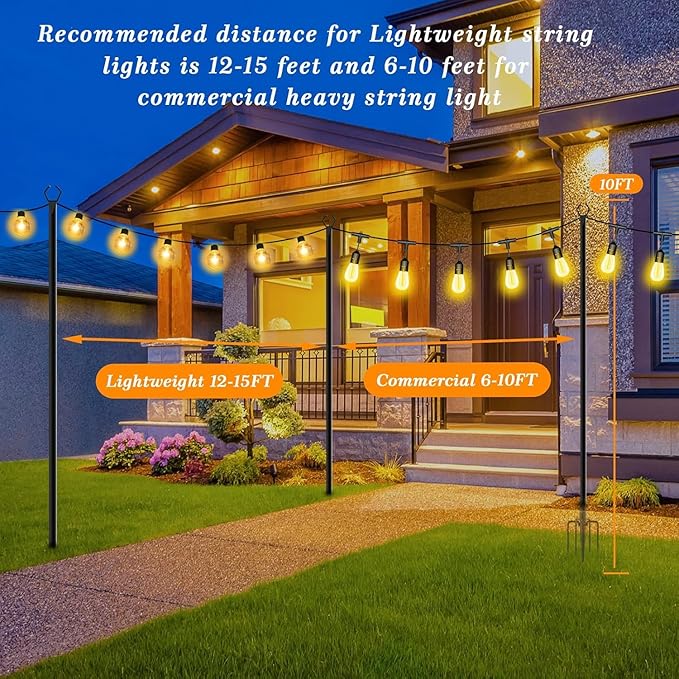 10 Pack String Light Poles,10 Ft Light Poles for Outside String Lights,Outdoor Lights Pole with Fork,Metal Poles Stand for Patio Deck Backyard