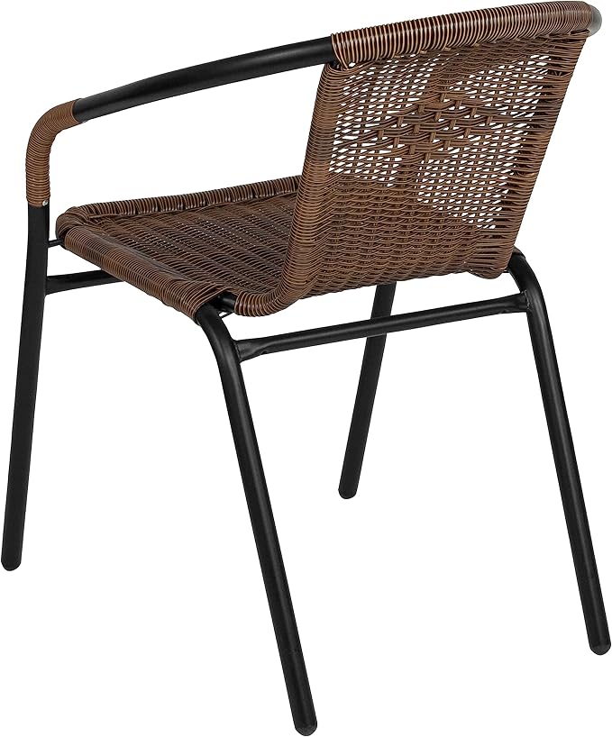 EMMA + OLIVER Set of 2 Modern Rattan Indoor/Outdoor Stack Chairs, Stacking Rattan Patio Chairs with Curved Back and Cross Bracing, Brown