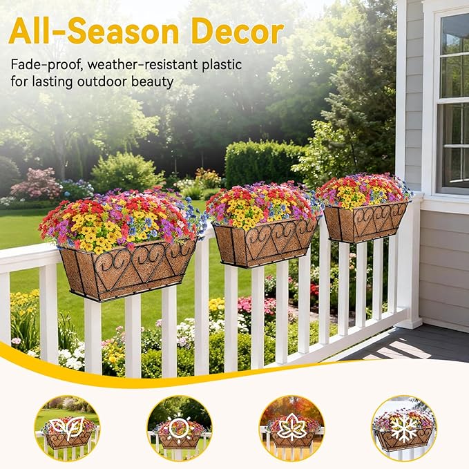 ZeeDix Railing Planter Boxes with Artificial Flowers, 2 Pack 16 Inch Window Box Planter with 24 Pack Fake Flowers for Deck Porch Patio Balcony Garden Home Decor