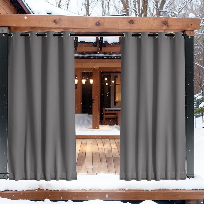 NICETOWN 2 Panels Outdoor Curtains Waterproof Grommet & Back Tab on Top & Bottom, Thermal Insulated Fixed Windproof Blackout Outdoor Drapes Privacy for Patio with Rope for Fixed, W52 x L95, Grey