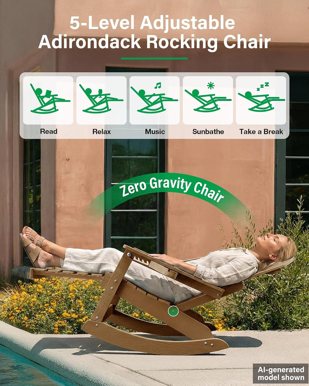 YEFU Adirondack Rocking Chairs, Adirondack Chair with Footrest, Teak | 5- Level Adjustable Backrest, Retractable Ottoman & Cup Holder, Like Real Wood, for Outdoor/Patio/Porch, Heavy Duty, 400 lbs