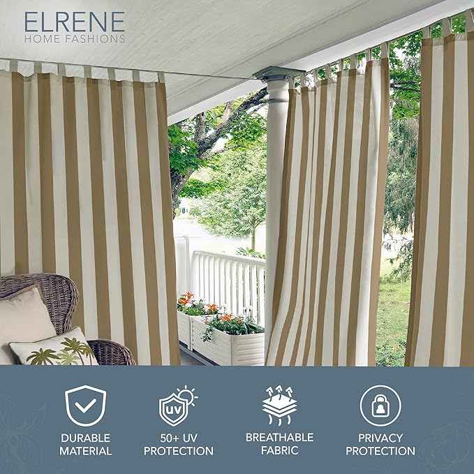 Elrene Home Fashions Highland Stripe Indoor/Outdoor Curtain Panel, 50 inches X 95 inches, Natural