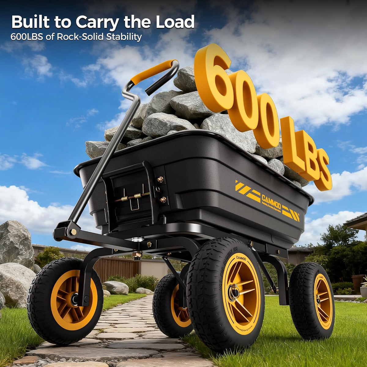 cammoo 10-in no-flat tires 600lb garden dump cart, side view