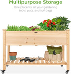 Best Choice Products Raised Garden Bed 48x24x32-inch Mobile Elevated Wood Planter w/Lockable Wheels, Storage Shelf, Protective Liner - Natural