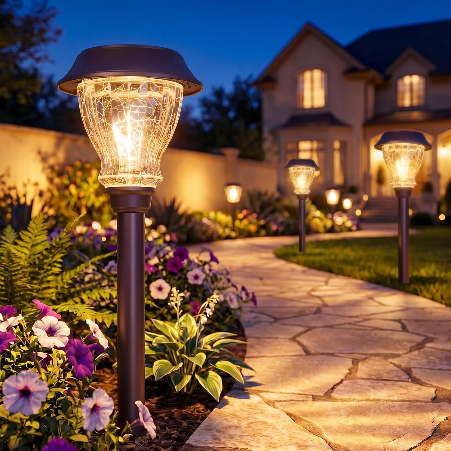 XMCOSY+ Solar Pathway Lights Outdoor, 8 Pack Warm White Solar Garden Lights | Crackled Glass & Metal, IP65 Waterproof, Auto On/Off Soft 2700K LED Edison, Landscape Lights for Yard Walkway Driveway Path