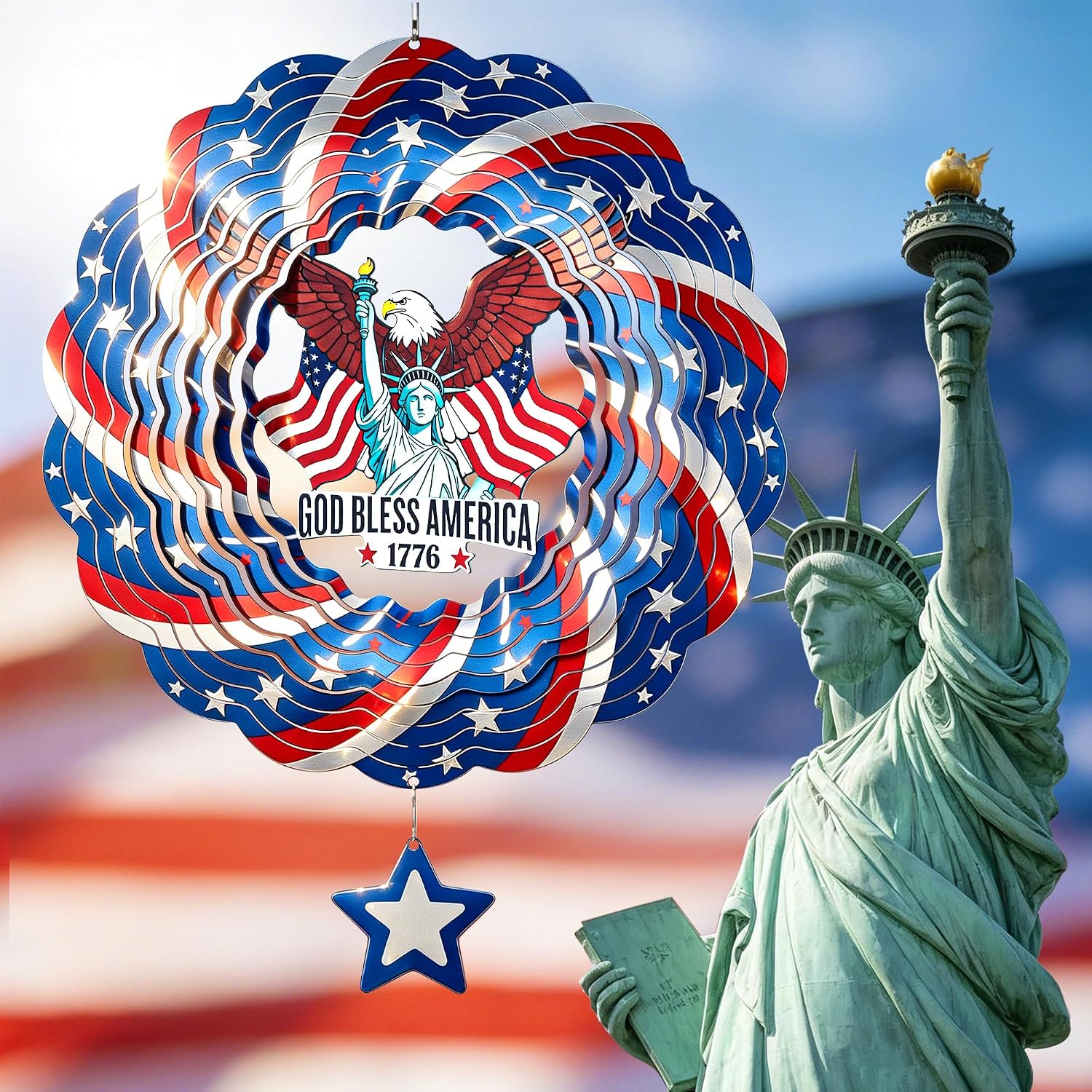 250th USA Anniversary 12 Inch Wind Spinner Patriotic Decoration | Patriotic Outdoor Garden Decor with Statue of Liberty Design, Stainless Steel Yard Art for Outdoor & Indoor, Gift for Men