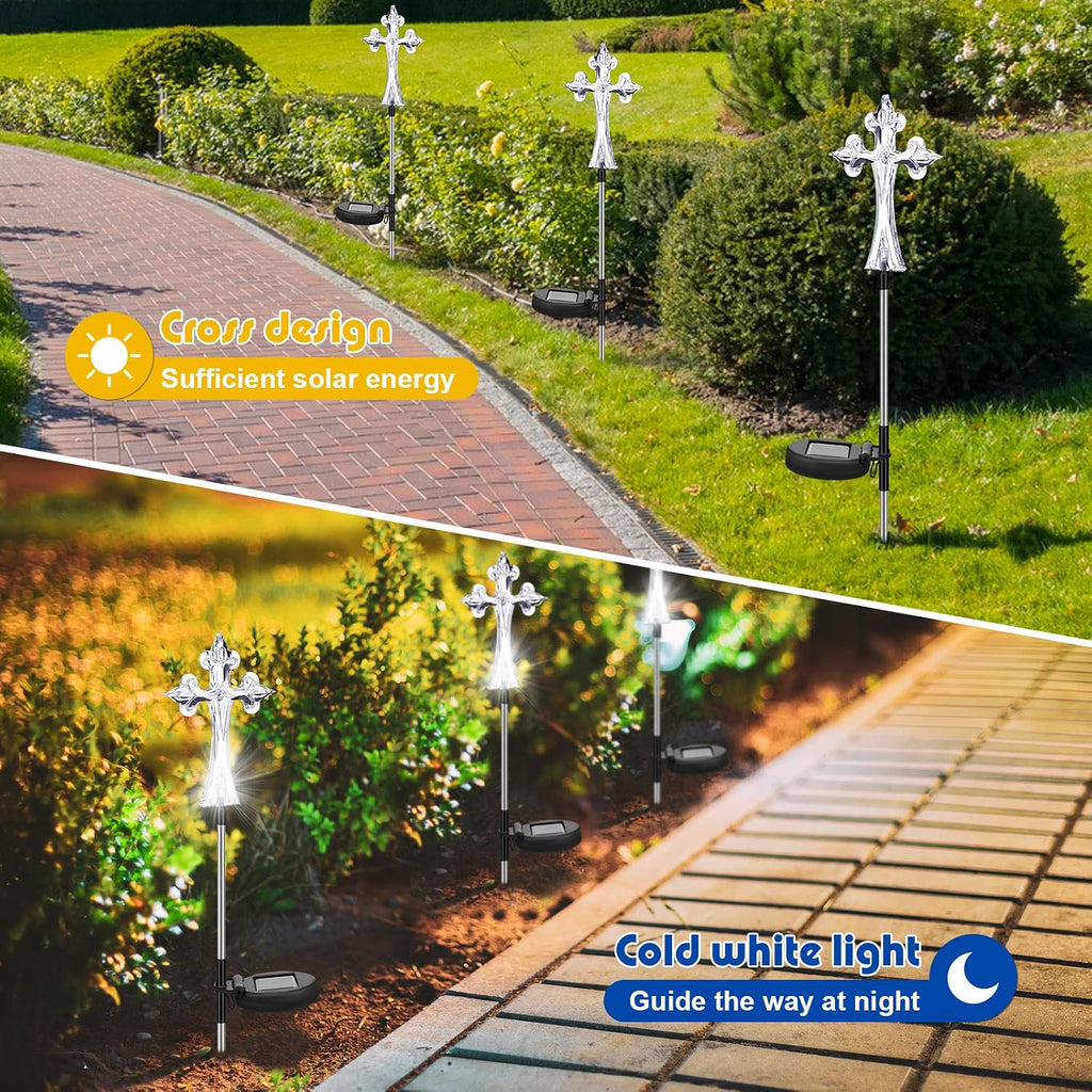 Riakrum 4 Piece Solar Cross for Cemetery Grave Grave Crosses for Cemetery Memorial Stake Solar Lights Waterproof Outdoor Garden Stake Cemetery Cross for Grave Yard Decorations, 16 Inches Long