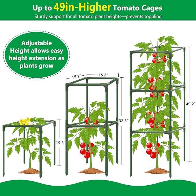 3 Pack Square Tomato Cages, 49'' Tall Heavy Duty Steel Tomato Trellis Kit for Garden, Plant Support Tower Stakes Cucumber Pepper Trellis for Climbing Vegetable Flowers