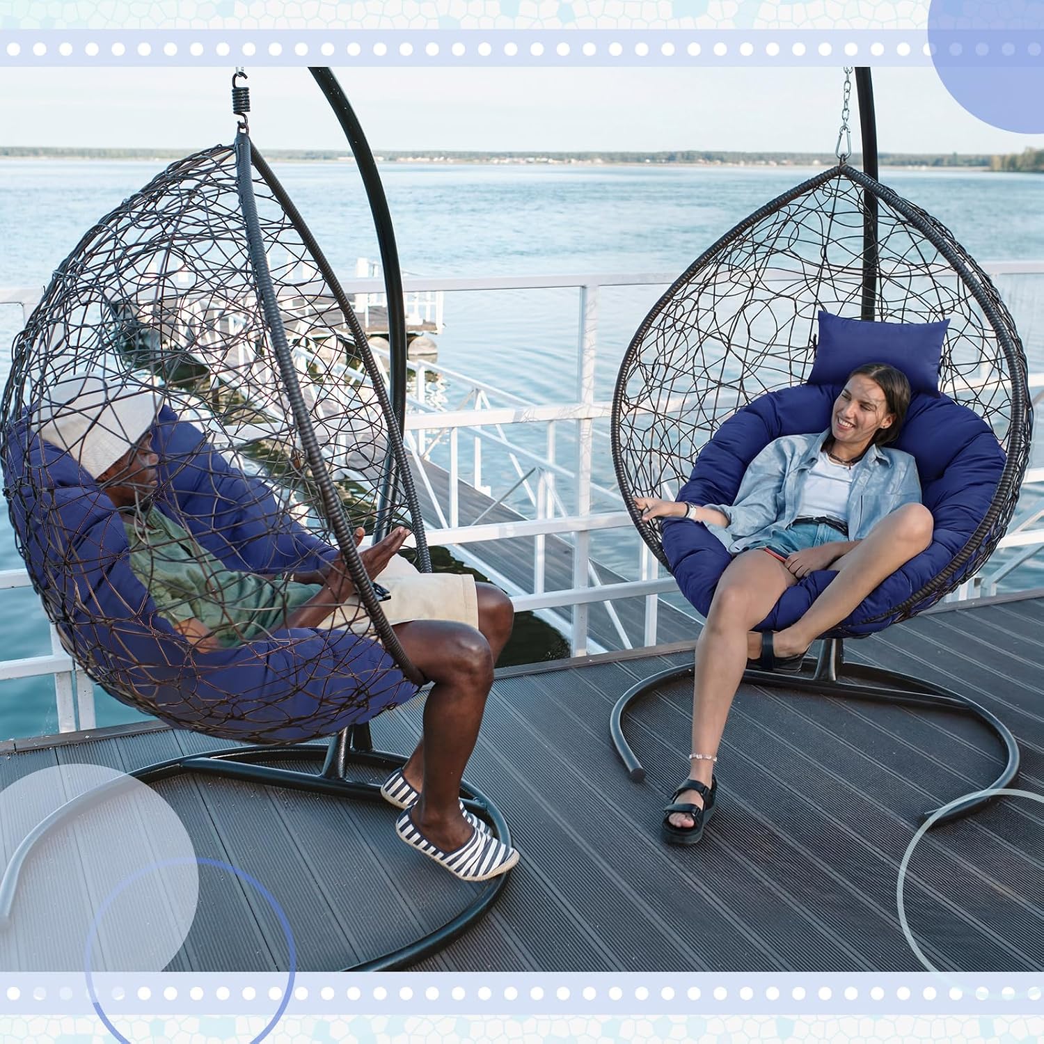 Tudomro Navy Blue Egg Chair Cushion Hanging Basket Chair Replacement 45x45 Hammock Basket Swing Waterproof Cushion Hanging Swing Pads with Headrest for Indoor Outdoor Porch Backyard Patio Garden