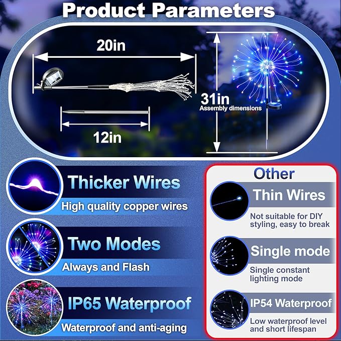 Anordsem Solar Lights Outdoor Waterproof: Garden Light Solar Powered for Yard Outside - Fireworks Lamp Colorful Lighting Path Decor 8 Pack - LED Sparkler DIY Decorating Gifts for Women Mom Wife