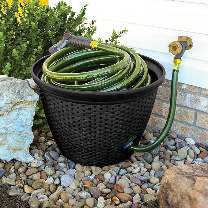 The HC Companies Woven Garden Hose Holder - Lightweight Plastic Decorative Water Hose Holder w/100-Foot Capacity - Garden Hose Pots for Outside (18”, Black, Pack of 1)