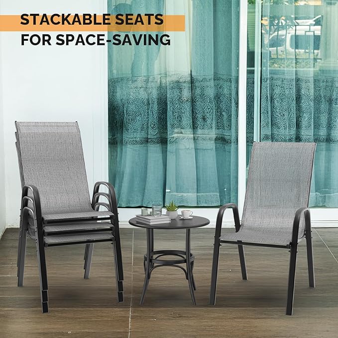 VINGLI Patio Chairs Set of 8 – Stackable Outdoor Dining Chairs with Comfortable Sling High Back Chairs and Armrests for Lawn, Poolside, Courtyard, Balcony, Garden, Silver Gray