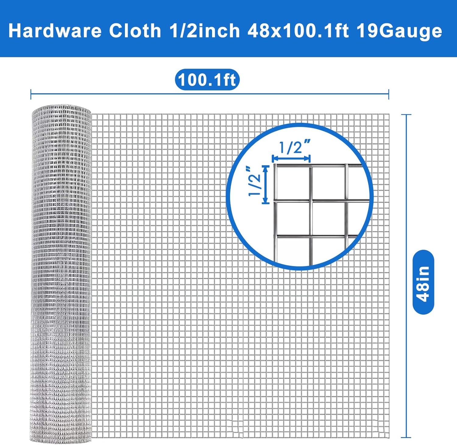 Hardware Cloth 1/2 in 48 x 100 ft 19 Gauge Wire Mesh | Galvanized welded wire mesh, Stronger Welds, Uniform Mesh, Chicken Coop, Garden Fence, Gopher Barrier