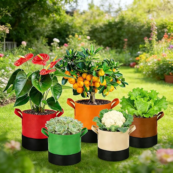 15 Gallon Fabric Grow Bags 5-Pack, 350G Heavy Duty Nonwoven Plant Pots with Handles, Breathable Root Pruning Containers for Vegetables Flowers Indoor Outdoor Gardening