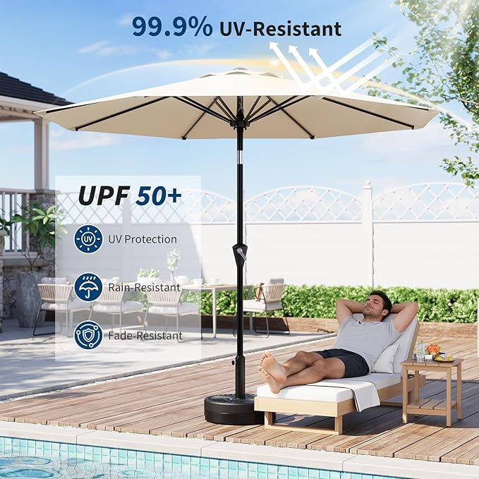 Garvee 9FT Patio Umbrella - Outdoor Table Umbrella with Smooth Crank Lift, Push Button Tilt and 8 Sturdy Ribs - Market Umbrella UV Protection Waterproof for Pool, Deck, Yard, Garden -Beige