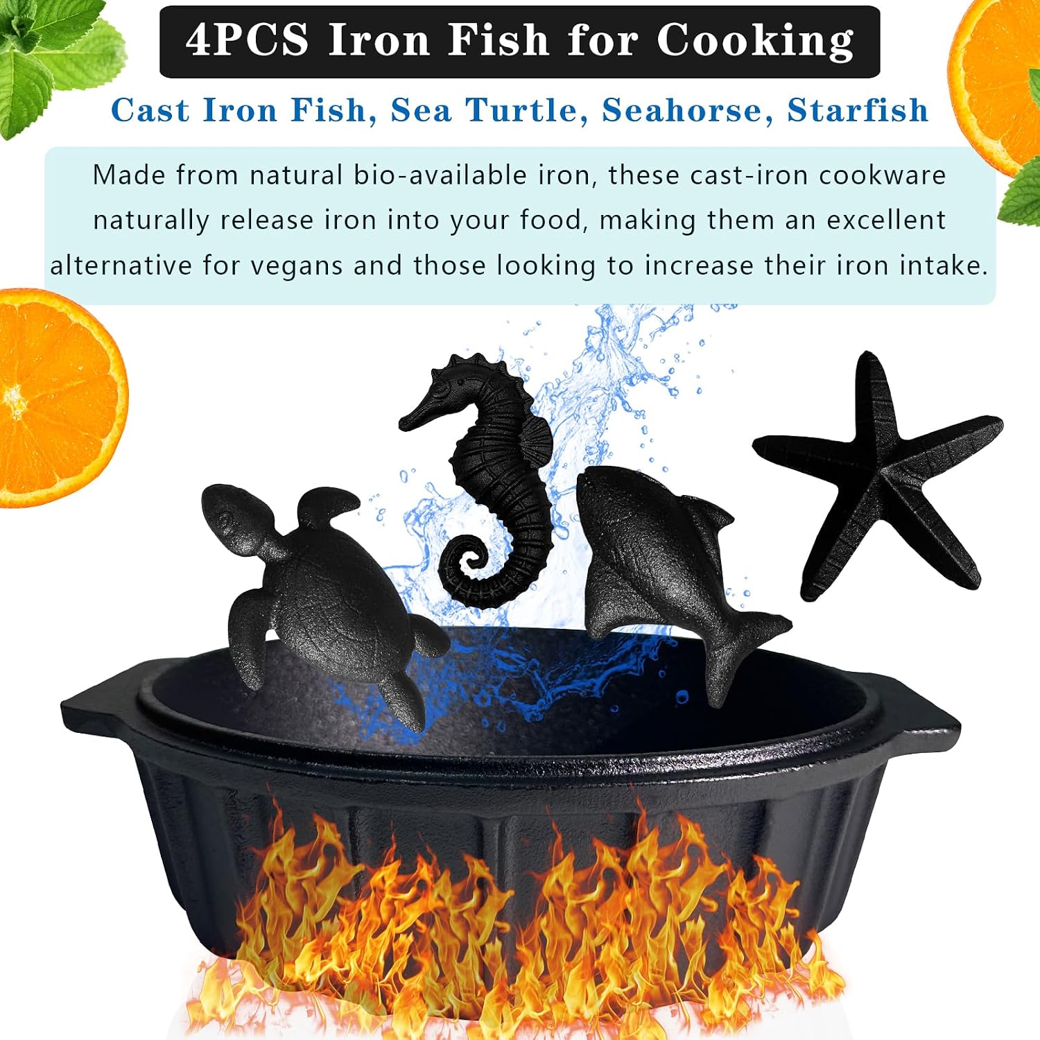 Small Cast Iron Garlic Roaster with 4 Iron Fish, Pre-Seasoned Smoker Roaster, Garlic Cooker, Garlic Roasting Pot, Mini Cocotte Garlic Potato Baker, Wood Chip Smoker Box for BBQ Meats Vegetables