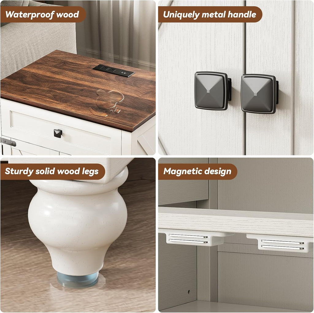 Farmhouse End Table with Charging Station, 24inch White Nightstand with Door and Storage Cabinet, Bedside End Table with Adjustable Shelf, Wood Bedside Table, Night Stand for Living Room and Bedroom