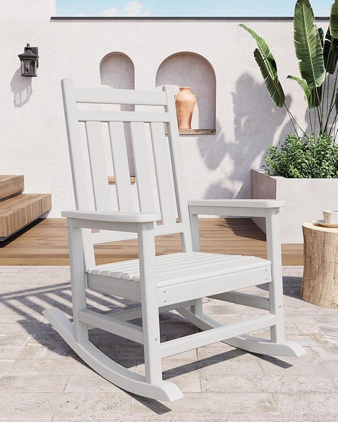 GarveeLife Poly Lumber Rocking Chair Outdoor Set of 2 with Side Table - HDPE High Back Porch Rocker Chairs for Adults - All Weather Resistant Furniture for Patio - White