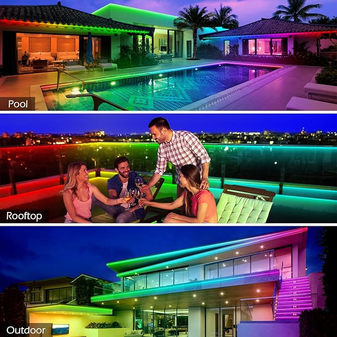 Outdoor LED Strip Lights Waterproof,IP68 Outside Led Light Strips Waterproof with Bluetooth App Remote Control,Music Sync RGB Exterior Led Rope Lights,for Balcony,Deck,Roof,Garden,Pool (300FT Outdoor)