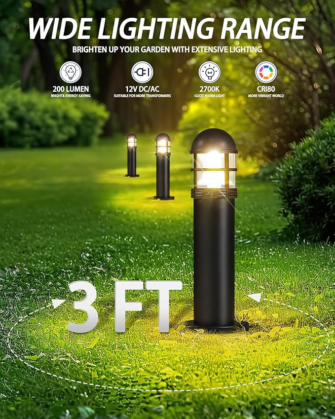 8 Pack LED Low Voltage Bollard Pathway Lights, 12V 200LM IP67 Waterproof Landscape Lighting for Garden, Driveway, Festive Outdoor Decor, 2700K Warm White