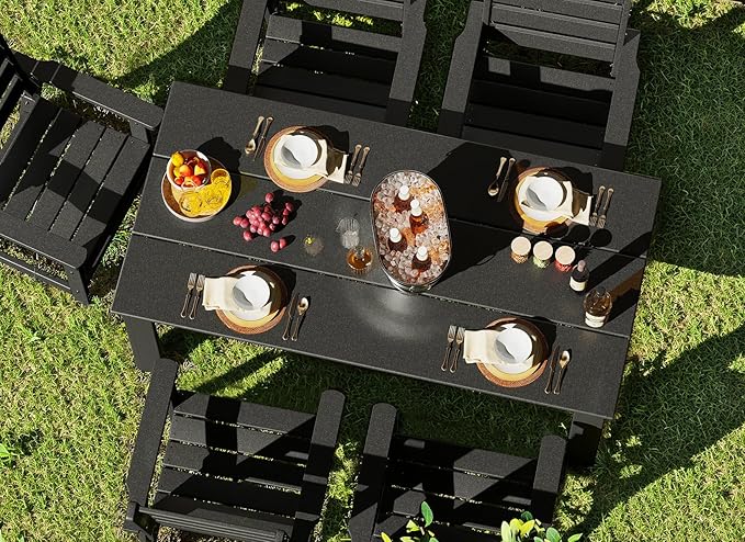 GREENVINES 7-Piece Outdoor-Dining-Set | HDPE Plastic 67'' Table and Chairs Sets for 6 | Patio Furniture | All Weather | Umbrella Hole | Black | for Poolside Garden Backyard