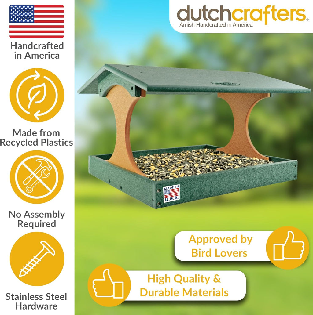 DutchCrafters Amish USA Made Poly Extra Large Fly Through Bird Feeder Post Mount for 4" x 4", Covered Bird Feeder Open Platform Seed Tray for Outdoor, Outside, Garden, Yard (Turf Green & Cedar)