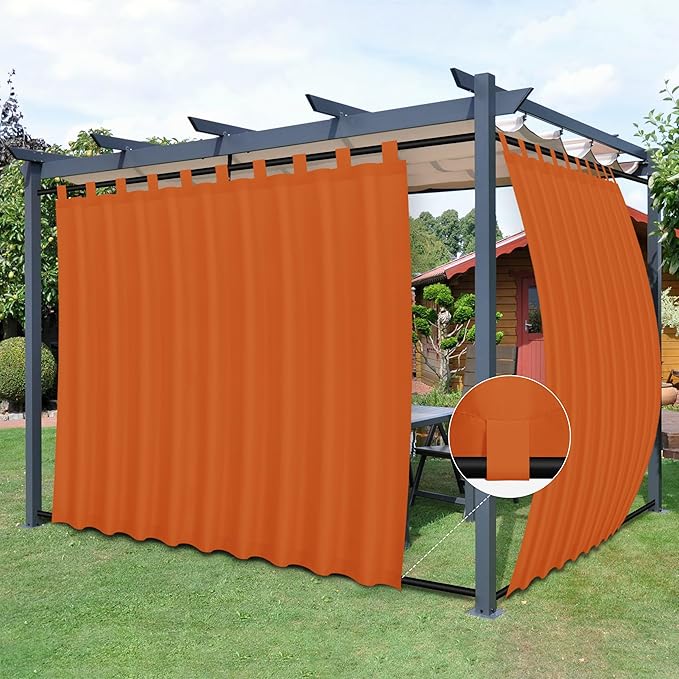 Easy-Going Outdoor Patio Curtains Detachable Tab Top Windproof Weatherproof Curtain for Cabana, Porch, Pergola and Gazebo, Tab Bottom Drape, 2 Panels, 110W x 84L inch, Orange