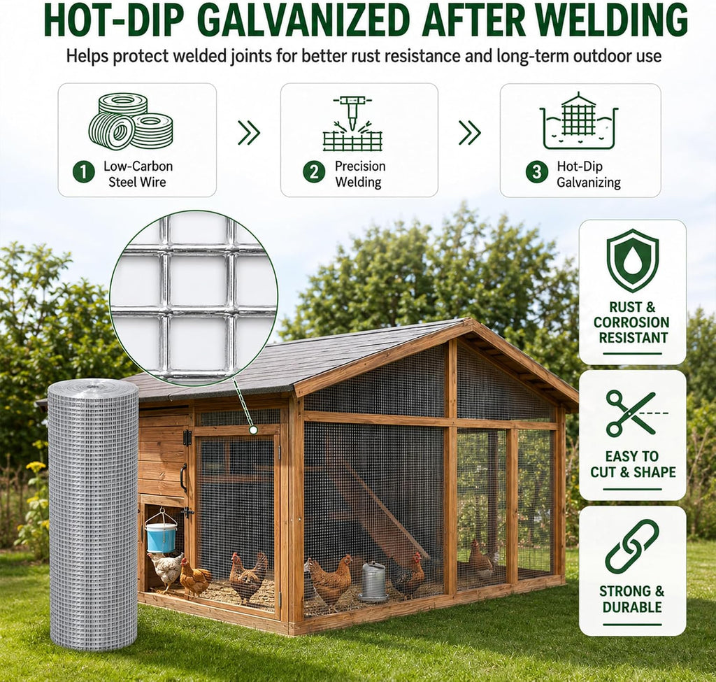 Hardware Cloth 1/2in 24inx50ft Hot Dip Galvanized 19 Gauge Chicken Wire | Fencing Roll Poultry Animal Netting Cage Screen Chicken Coop Accessories Garden Plant Supports