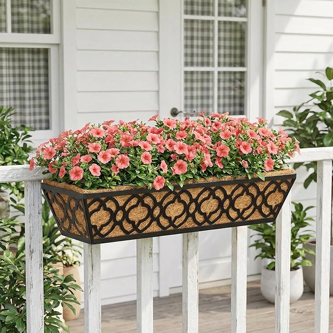 Y&M 24" Window Boxes Horse Trough with Coconut Coir Liner, 2pcs 24 Inch Window Deck with Coco Liner, Black Metal Hanging Flower Planter Window Basket Deck Railing Planter Boxes for Outdoor Indoor Lawn