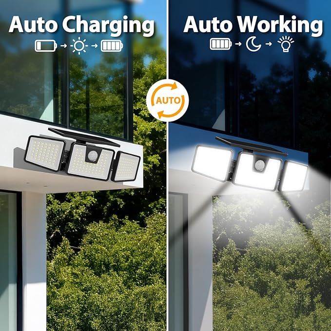 INCX Solar Motion Sensor Lights Outdoor, 3 Heads Security Lights Solar Powered, 156 LED Flood Light Motion Detected Spotlight for Patio Yard Garage Entryways, IP65 Waterproof 4 Pack