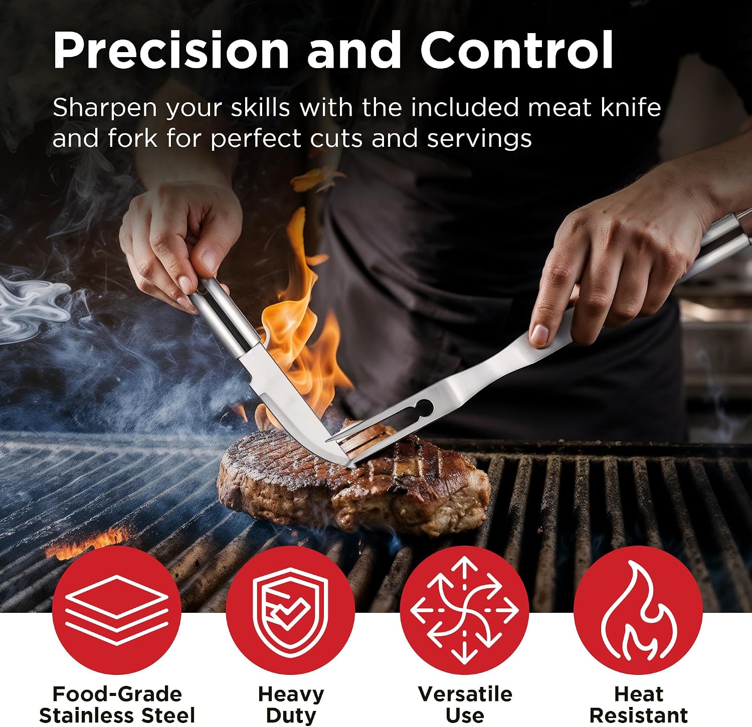 Kaluns Grilling Accessories, Dad Gifts for Christmas, Heavy Duty Stainless Steel Grill Set BBQ Grill Accessories for Outdoor Grill with Meat Thermometer, Case and Apron