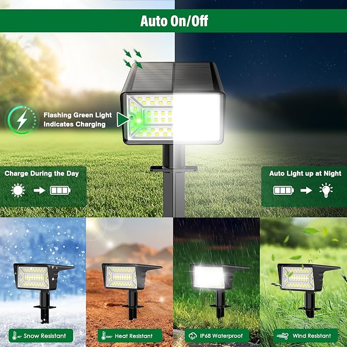 Solar Spot Lights Outdoor with 60 LED & Auto On/Off, 4 Pack Solar Lights Outdoor Waterproof IP68 with 3 Lighting Modes, 2-in-1 Solars Landscape Light for Outside, Garden, Yard(Cool White)