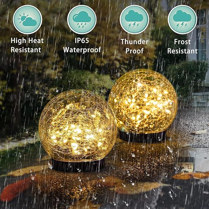Solar Garden Lights Outdoor Waterproof, 4 Pack 30 LEDs Cracked Glass Ball Light, Ground Landscape Garden Decor, Solar Globe Decorative for Pathway/Patio/Lawn/Yard (Warm White, 3.9")
