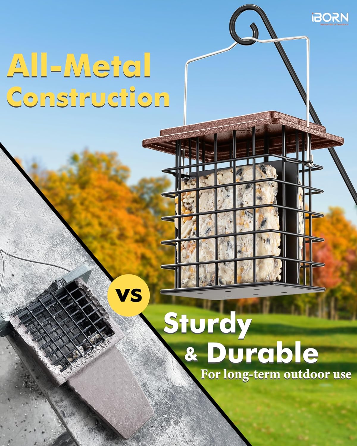 iBorn Double Suet Feeder for Outside Hanging,Weatherproof Suet Feeders,Suet Holder with Taller Grid for Woodpecker, Suet Cage Bird Feeders for Outdoors (Coffee, 6 Inch,1 Pack)